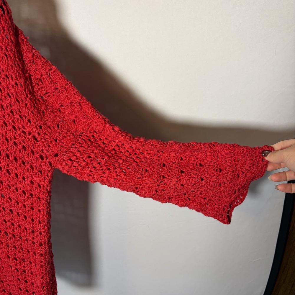 VTG 1X Red Crochet Open Knit 3/4 Sleeve Cottage Cardigan Button Grandma 90s Y2K - Picture 12 of 15